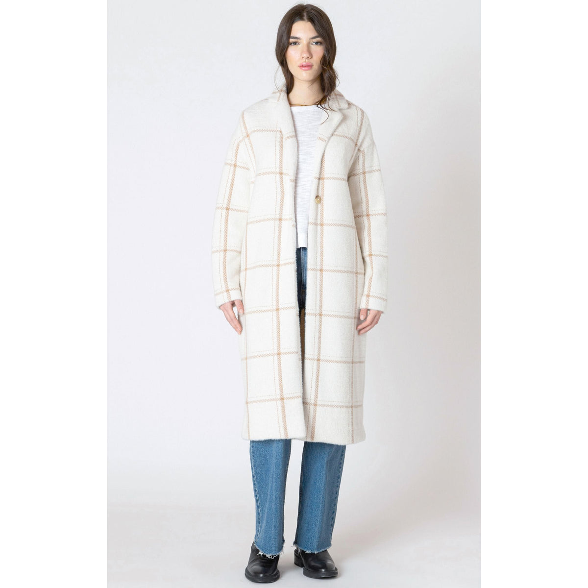 Dex Longline Soft Sweater Coat in cream with mocha windowpane stripe, single-button front closure, on a model.