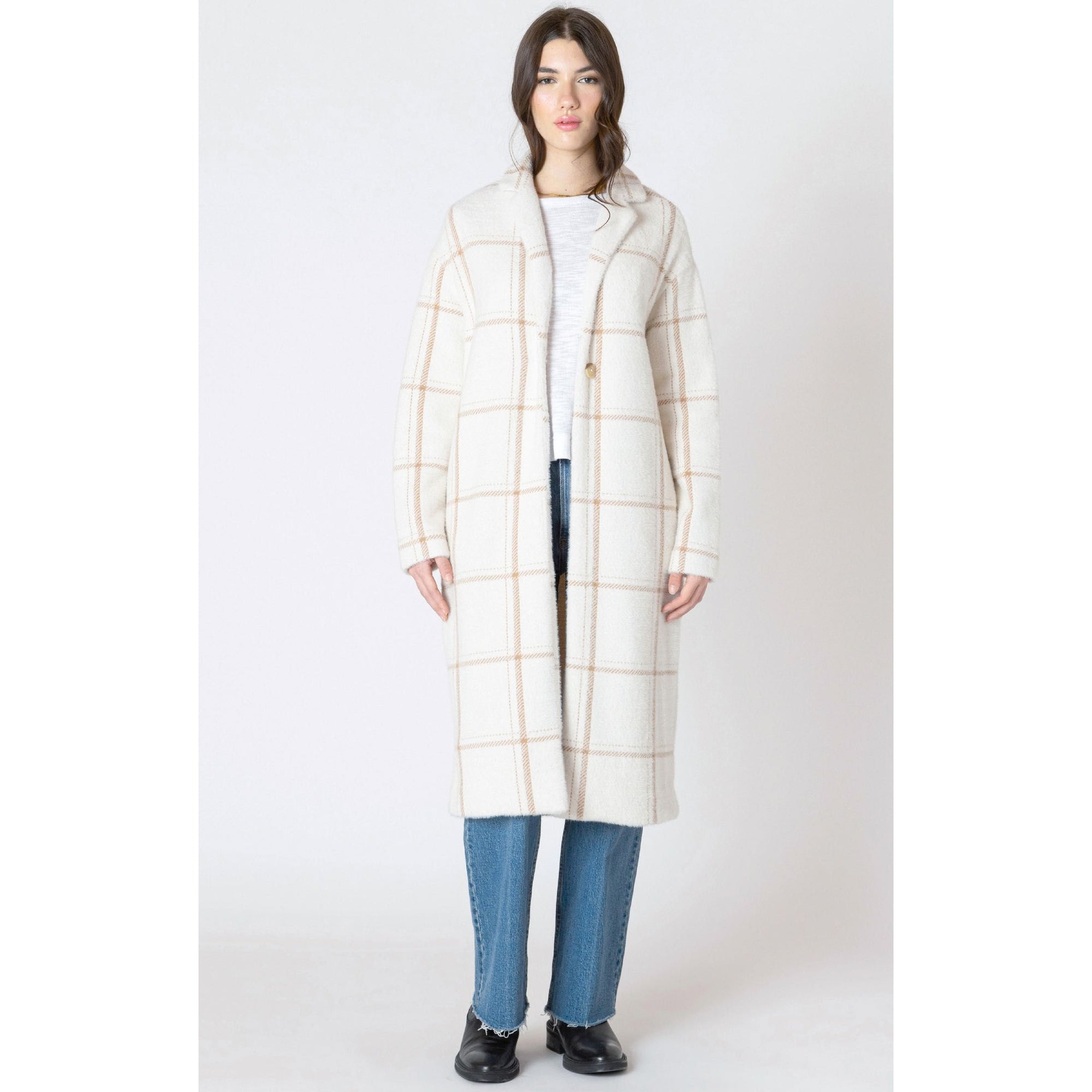 Dex Longline Soft Sweater Coat in cream with mocha windowpane stripe, single-button front closure, on a model.