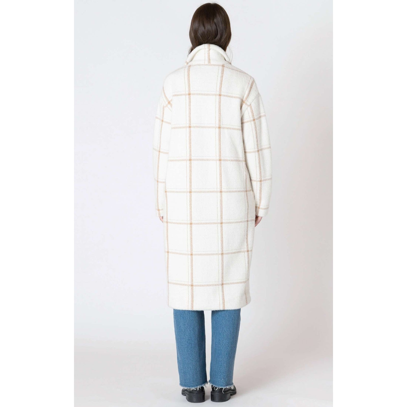 Dex Longline Soft Sweater Coat in cream with mocha windowpane stripe, single-button front closure, on a model.
