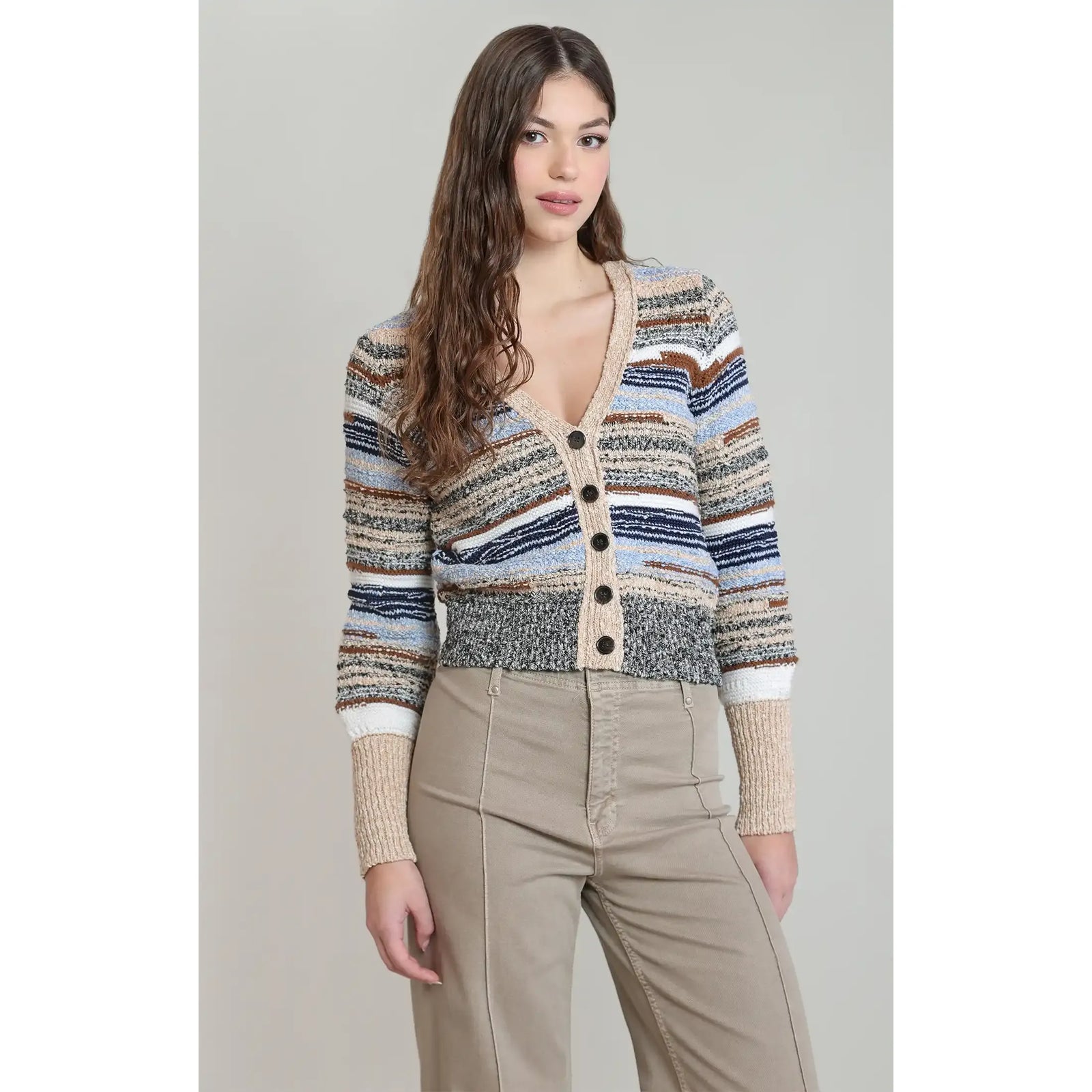 Multicolor melange striped cardigan with V-neck, long sleeves, and dark buttons for cozy fall layering.