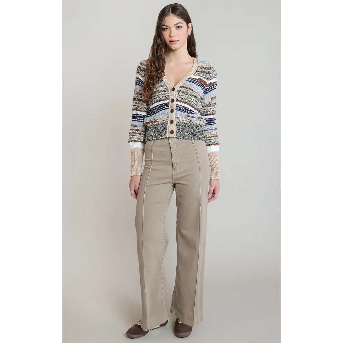 Melange striped V-neck cardigan in soft blue, brown, and beige tones. Relaxed fit long sleeve sweater perfect for fall layering.