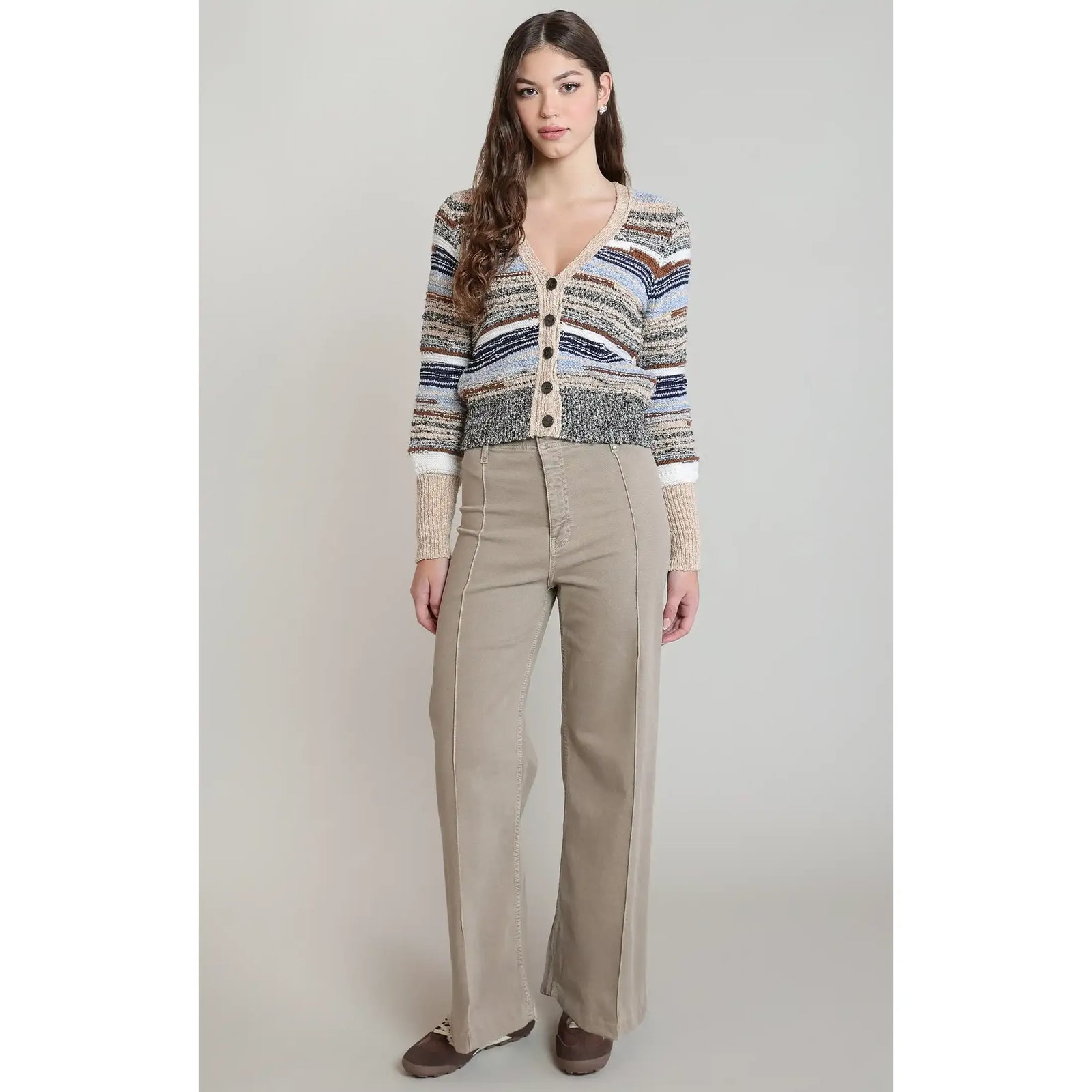 Multicolor melange striped cardigan with V-neck, long sleeves, and dark buttons for cozy fall layering.