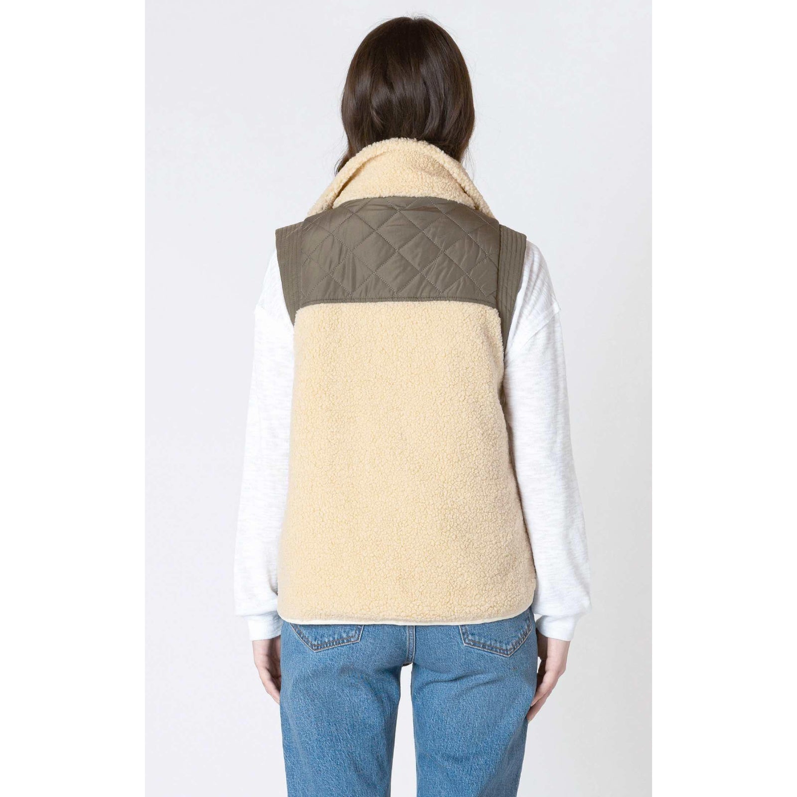 Stylish Dex Mixed Fabric Vest featuring plush SHERPA trim, perfect for staying warm on chilly days.