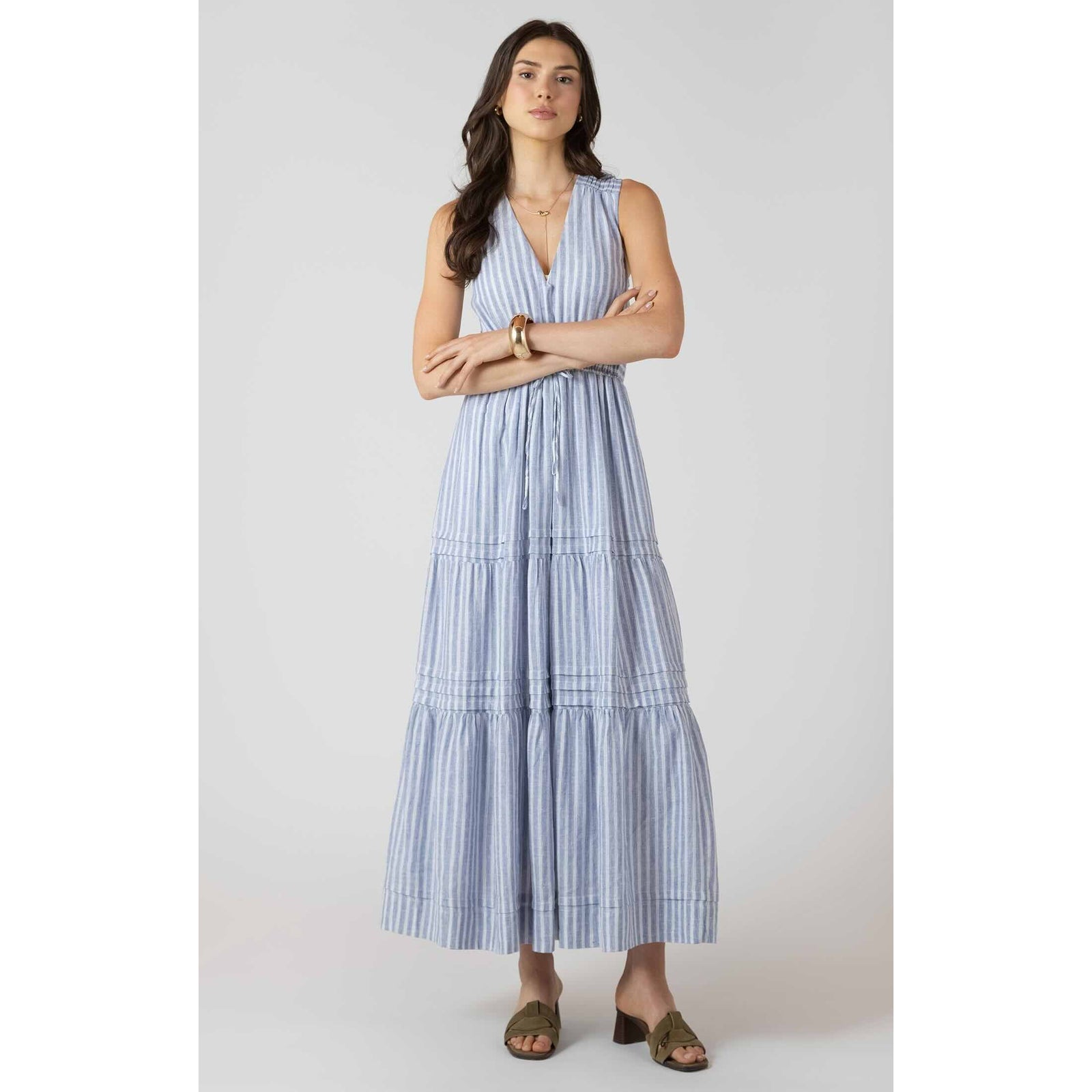 Dex Pleat Detail Smocked Waist Dress in Chambray Stripe, sleeveless maxi with tiered pleats.