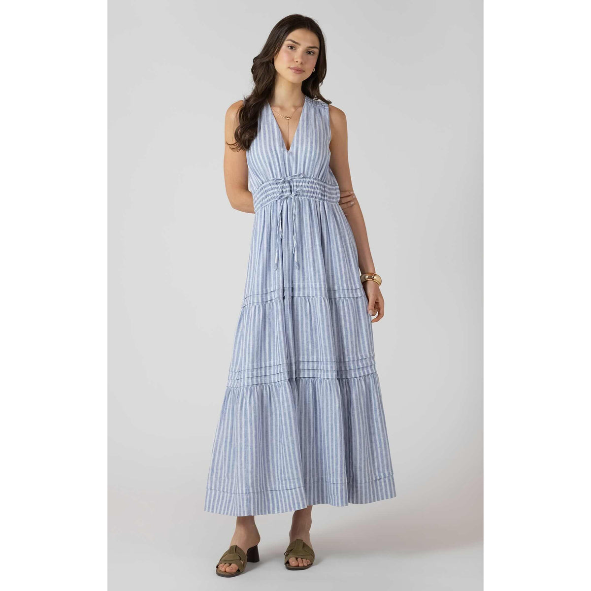 Dex Pleat Detail Smocked Waist Dress in Chambray Stripe, sleeveless V-neck maxi with smocked waist.