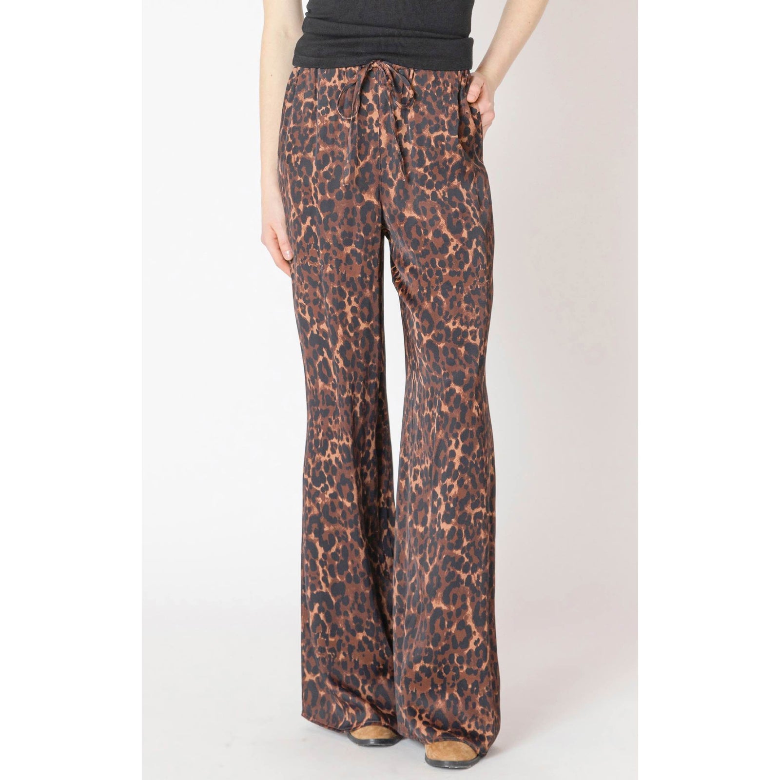 Dex Printed Flowy Pant in brown leopard print, wide-leg flowy polyester pants with drawstring waist.