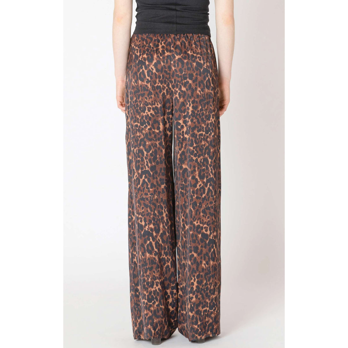 Dex Printed Flowy Pant in leopard print, brown tones, wide-leg silhouette with adjustable drawstring waist.