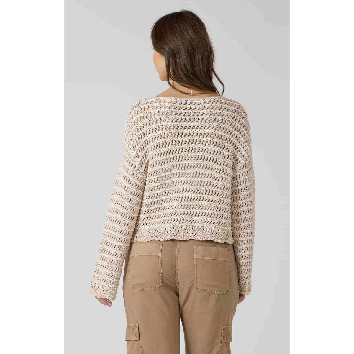Dex Open Stitch Scalloped Hem Sweater in cream, back view highlighting open knit and scalloped hem.