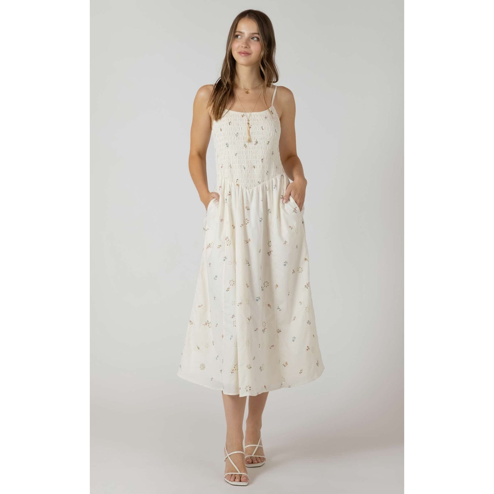 Dex Smocked Detail Midi Dress in ivory with a smocked bodice and delicate multicolor floral embroidery.