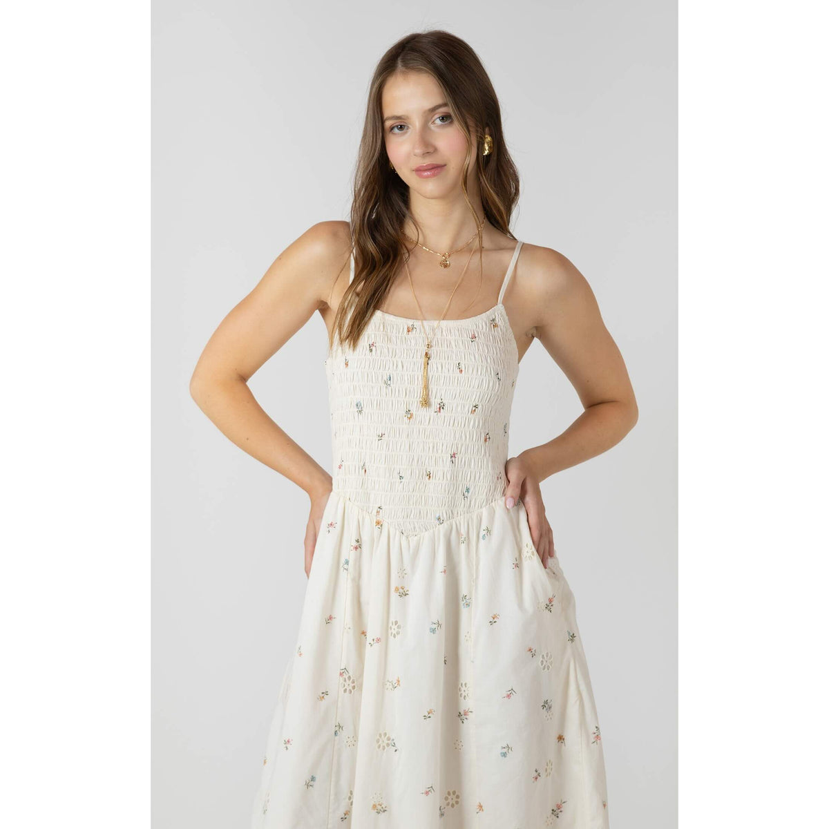 Dex Smocked Detail Midi Dress, ivory with delicate floral embroidery, smocked bodice, spaghetti straps, midi length.