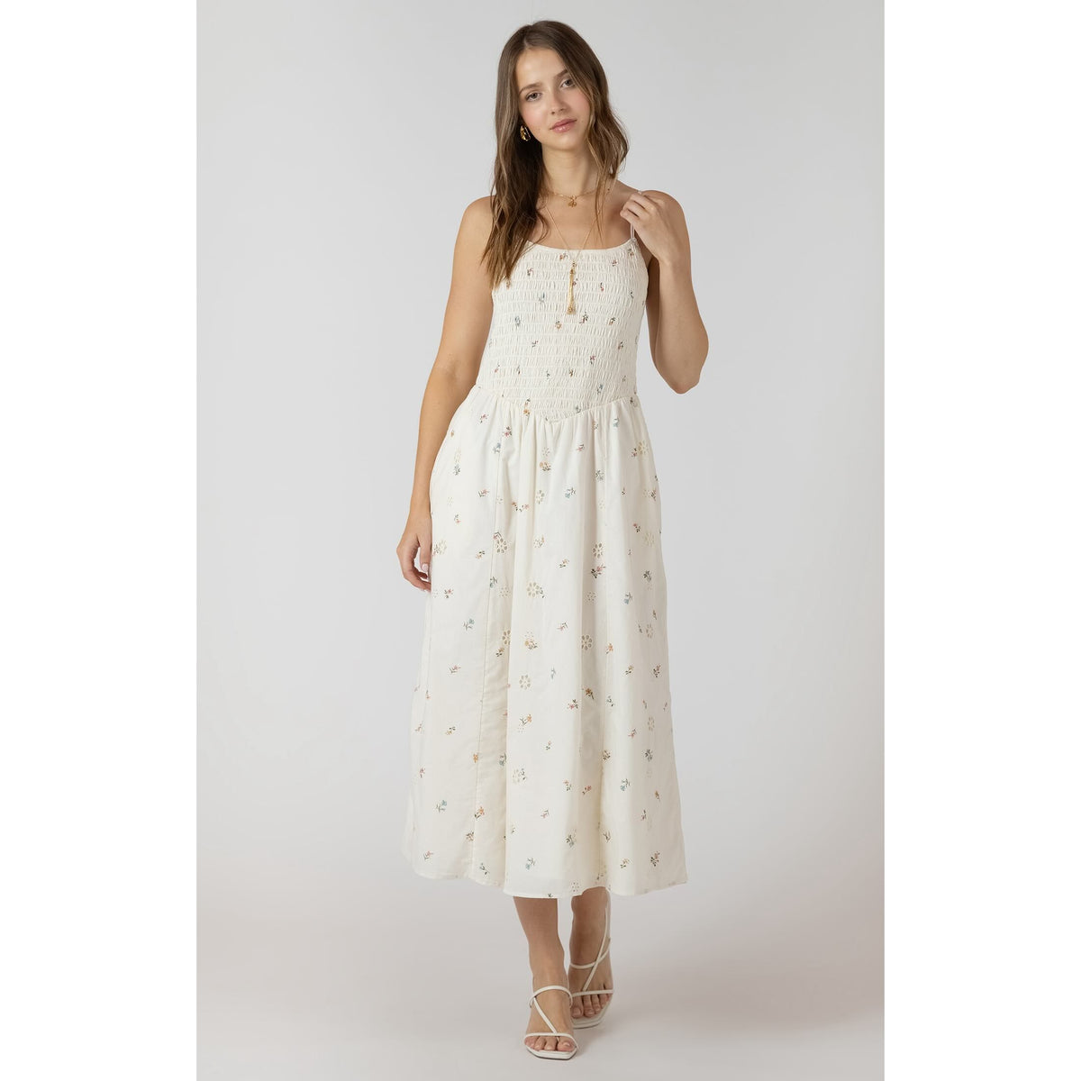 Dex Smocked Detail Midi Dress in ivory with a smocked bodice and delicate multicolor floral embroidery.