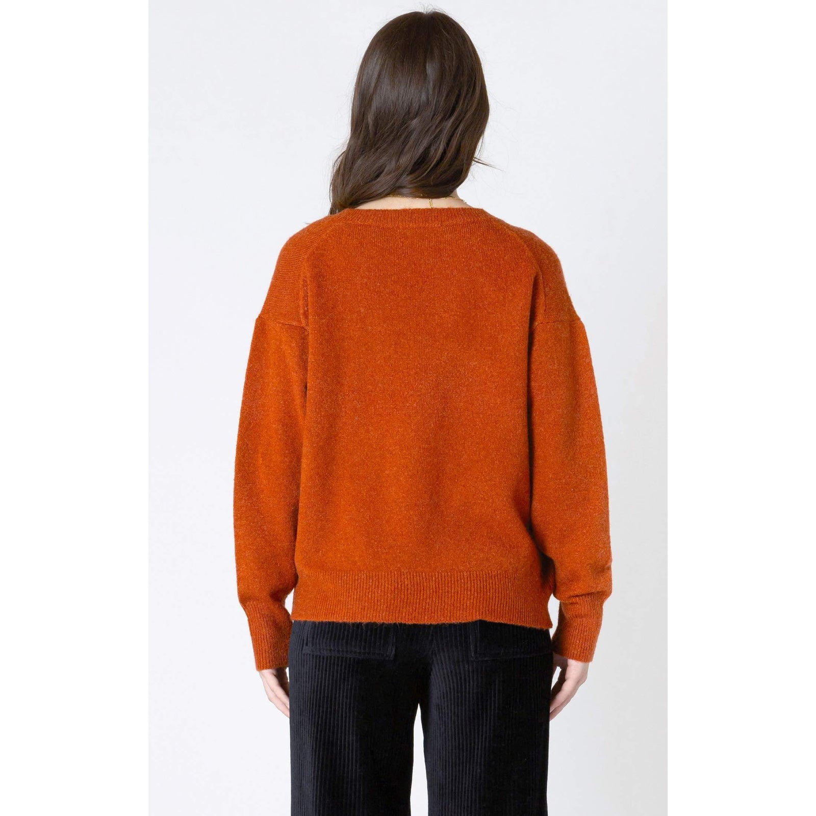 Cozy Dex Soft Touch Sweater in burnt orange, perfect for autumn days with its flattering V-neck and long sleeves.