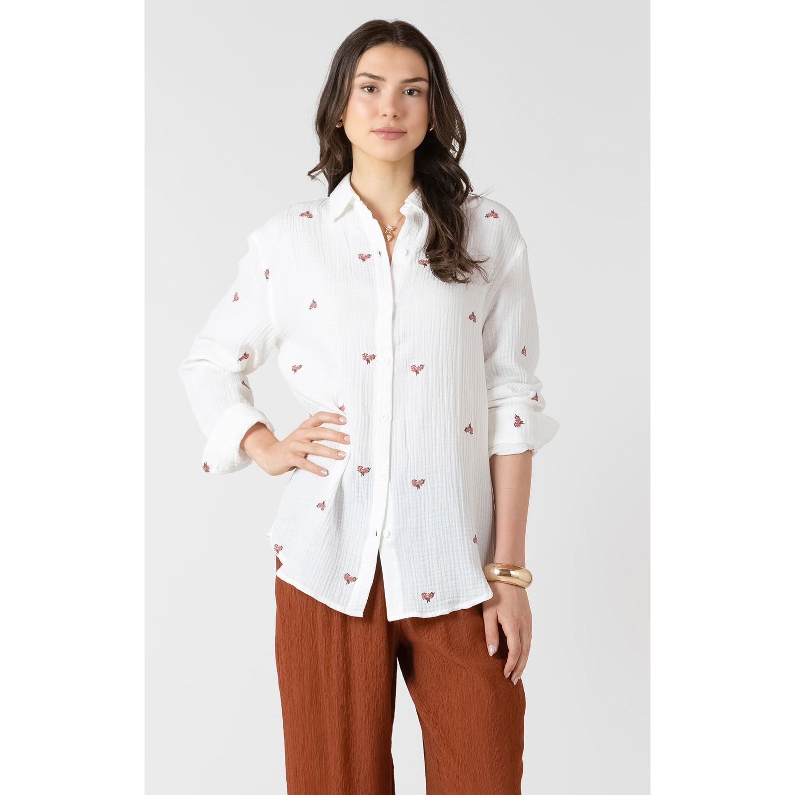 Dex Textured Floral Blouse: white textured fabric with small pink floral embroidery, long sleeves, relaxed fit.