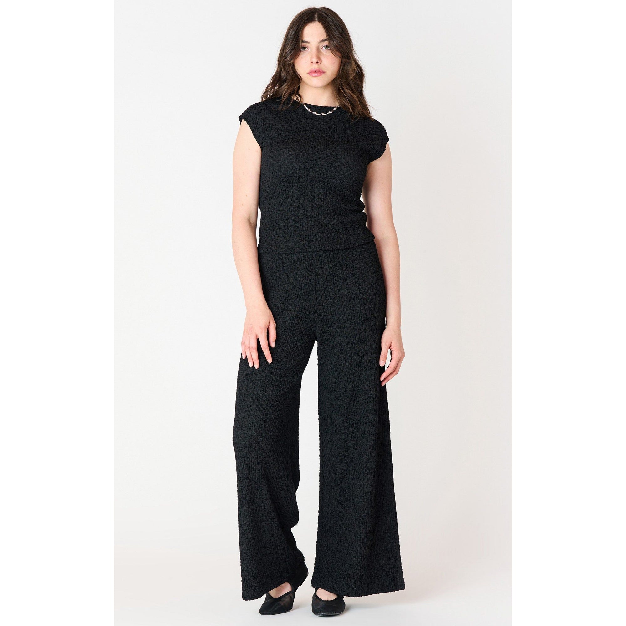 Dex Black Tape Textured Flowy Wide Leg Pants