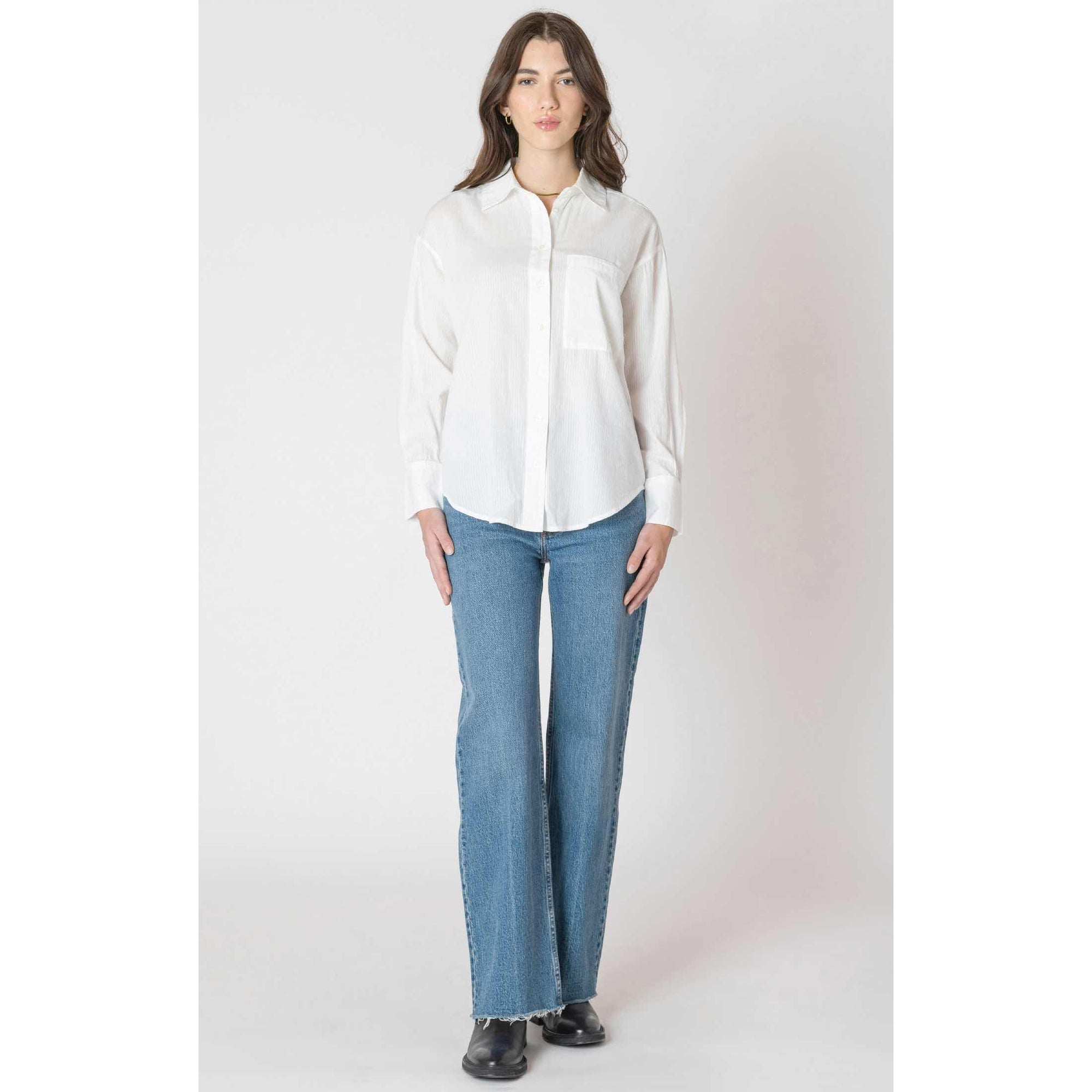 Dex Textured Button Front Shirt in crisp white with a chest pocket and long sleeves.