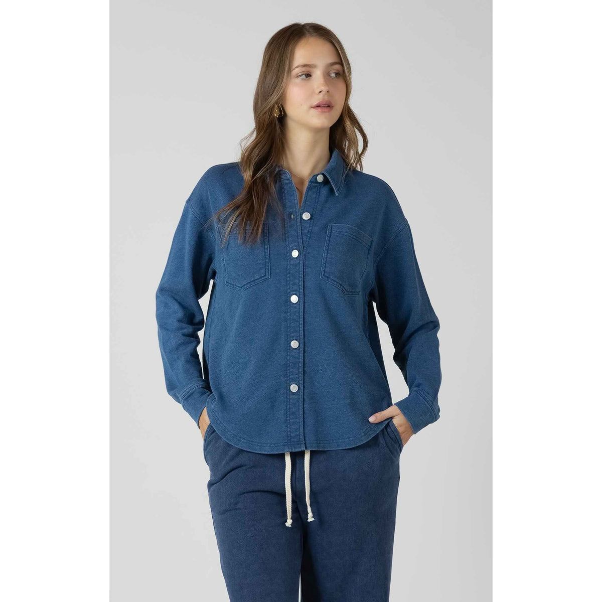 Dex Washed Knit Shirt in indigo with button-front and two chest pockets, relaxed casual fit.