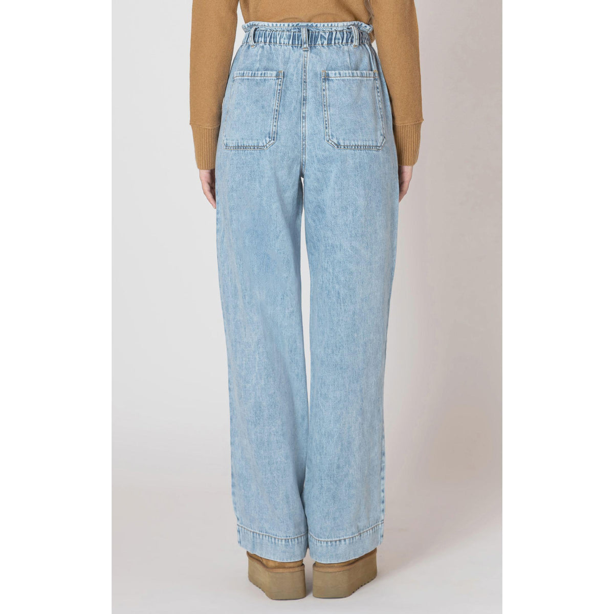 Breezy Dex Wide Leg Denim Pants in washed blue, featuring a drawstring waist and patch pockets for summer adventures.