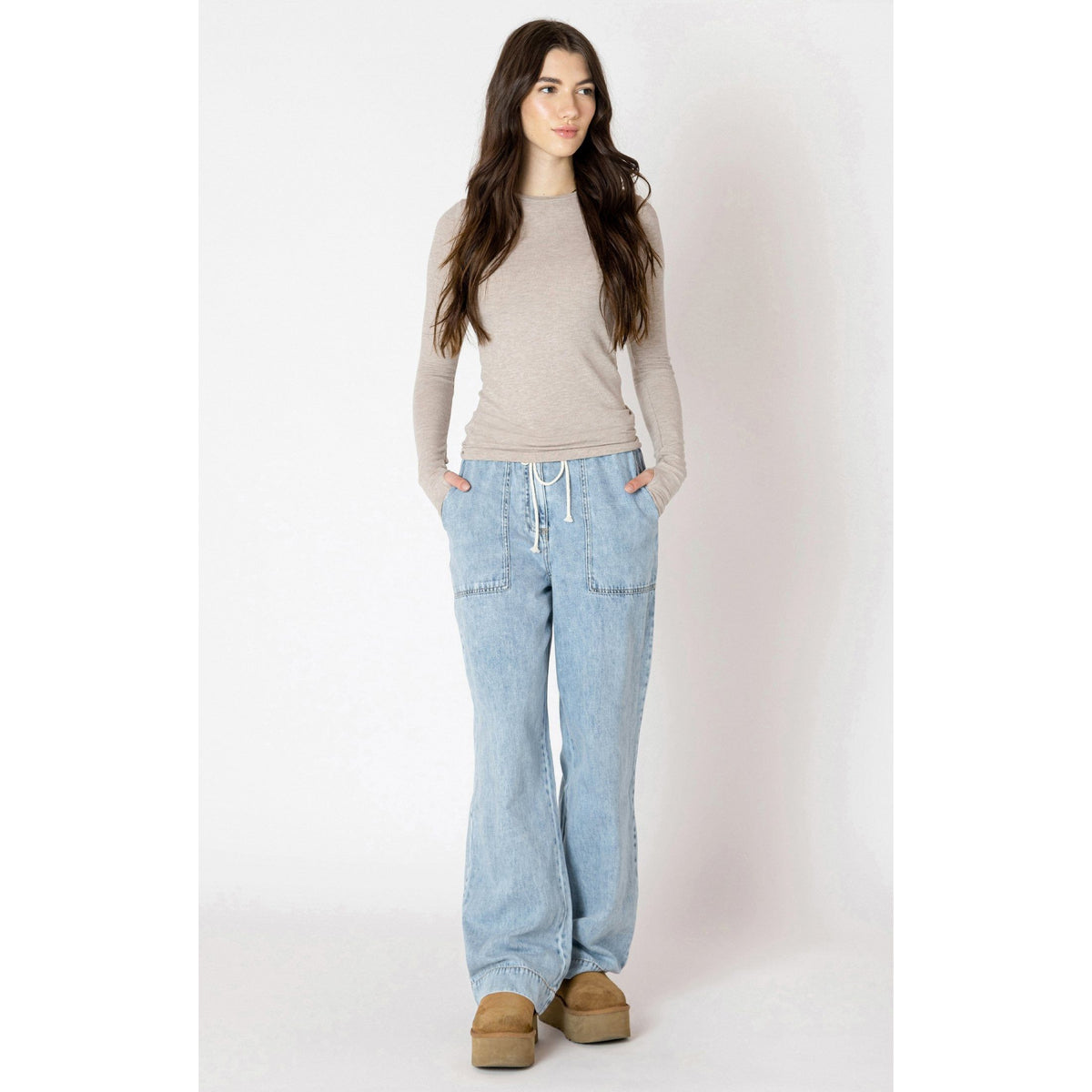 Stylish Dex Wide Leg Denim Pants in washed blue, perfect for summer adventures with a comfy drawstring waist.