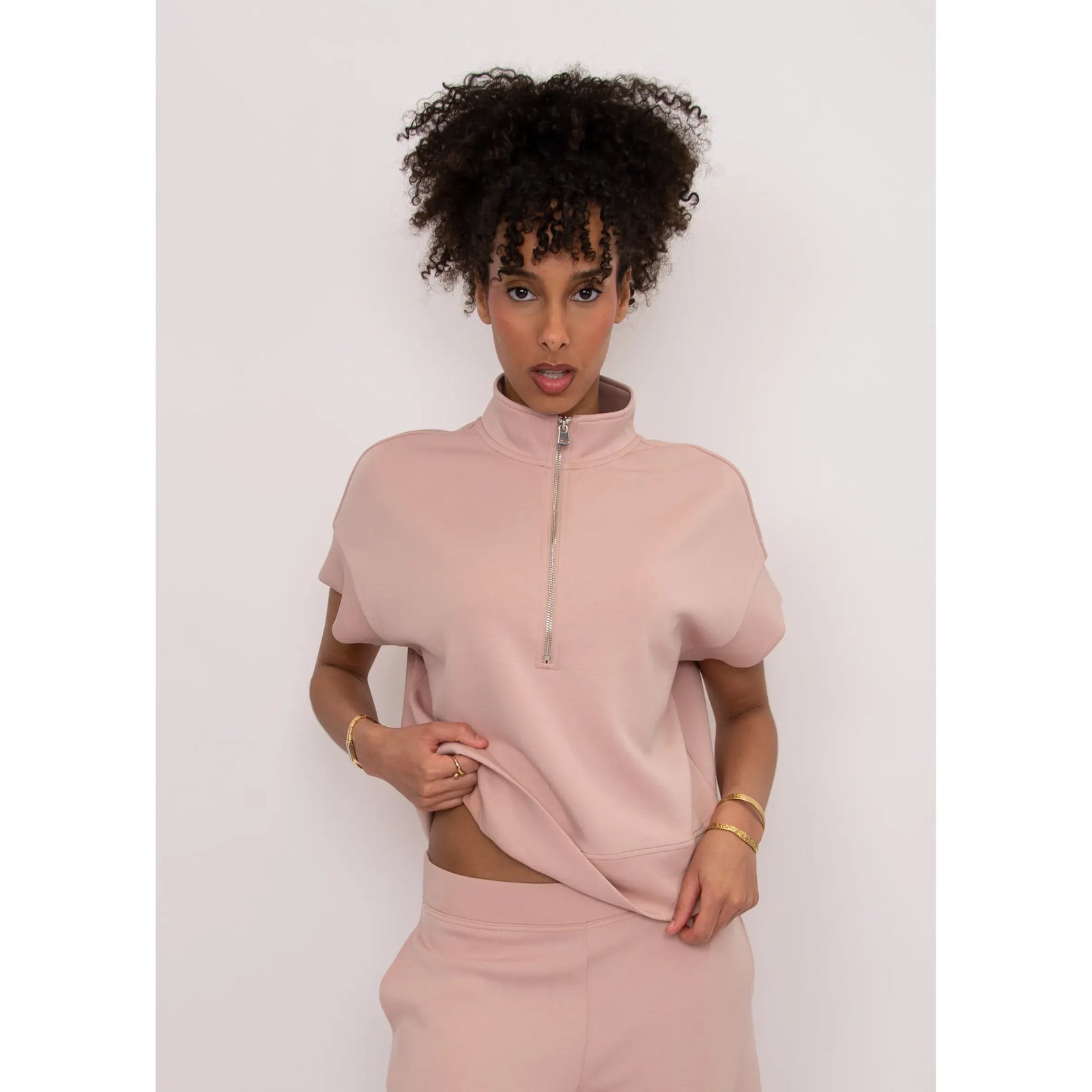 Blush pink Dua Soft Knit 1/2 Zip Top with short sleeves and a relaxed fit.