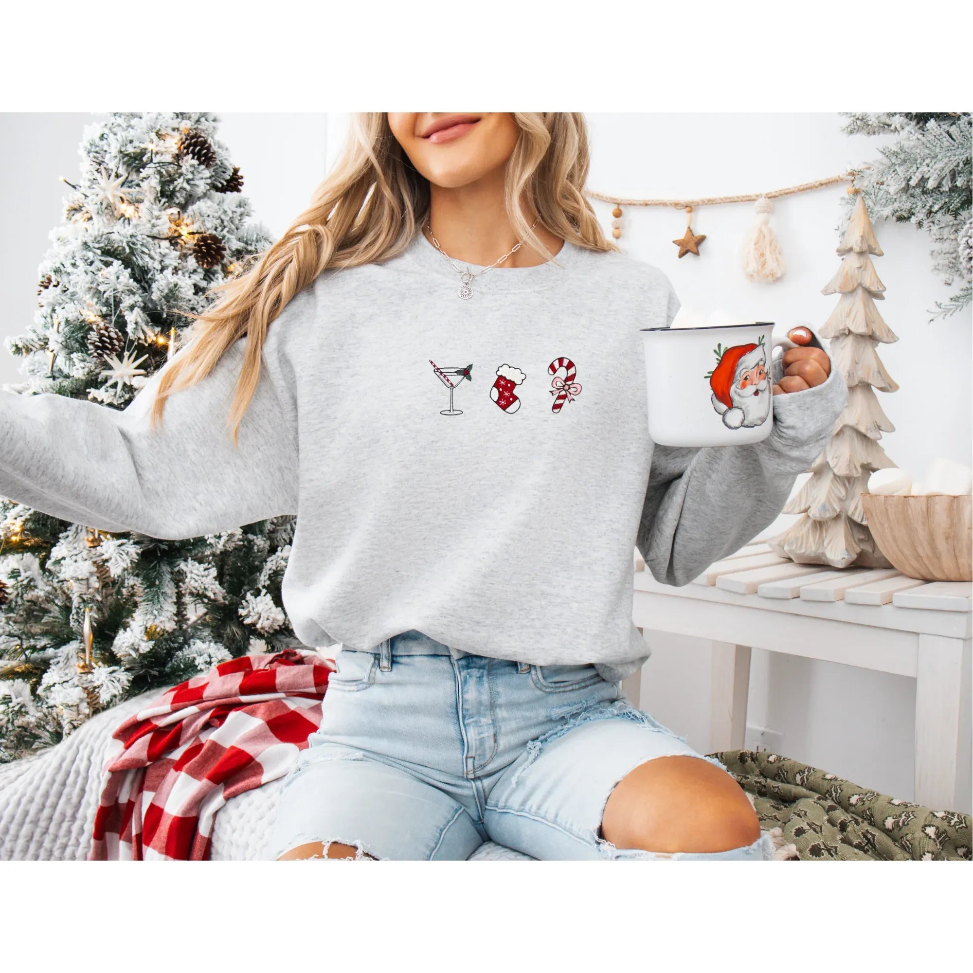 Embroidered Christmas Things: gray crewneck with bow, stocking, and martini glass embroidery for festive style.