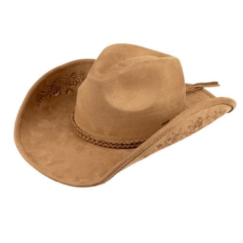 Embroidered faux suede cowboy hat, 100% polyester, tan, one size 57.5 cm, braided band.