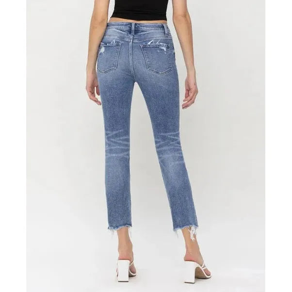Stylish back view of Flying Monkey Aspiration High Rise Slim Straight jeans featuring a chic raw hemline.