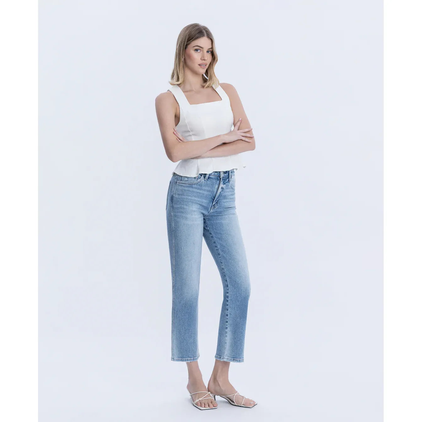 Flying Monkey Blissful Symphony high-rise ankle-straight jeans in light wash with white top.