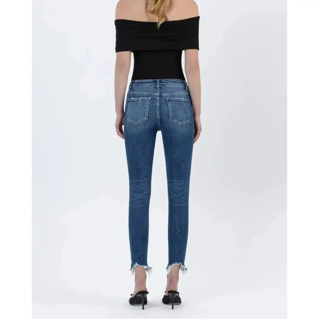 Stylish back view of Flying Monkey Counter Attack High Rise Crop Skinny jeans, featuring a trendy distressed design.