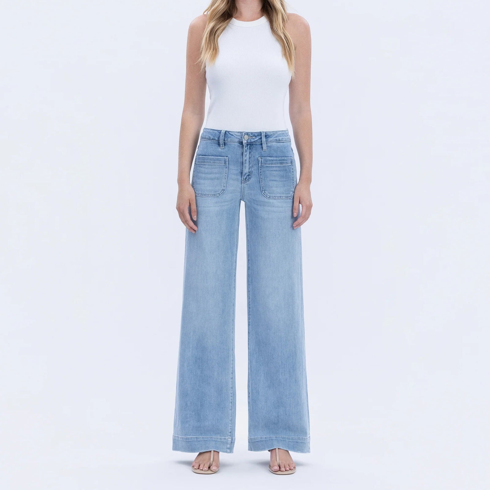 Flying Monkey Dignity High Rise Patch Pocket Trouser in light wash denim, wide-leg, high-waist with patch pockets