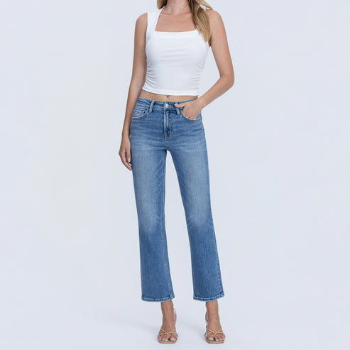 Flying Monkey high rise ankle straight jeans with a distressed hem and subtle sparkle, styled with a white crop top.
