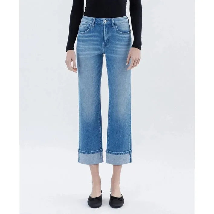 Stylish Flying Monkey Instinctively High Rise Crop Straight Leg Denim jeans with a comfortable cuffed hem for a modern look.