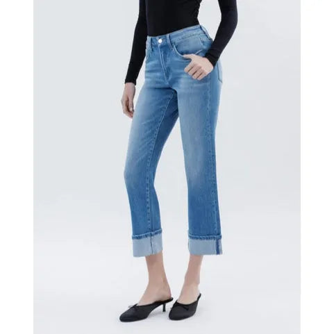 Stylish model showcasing Flying Monkey Instinctively High Rise Crop Straight Leg Denim with a chic cuffed hem.