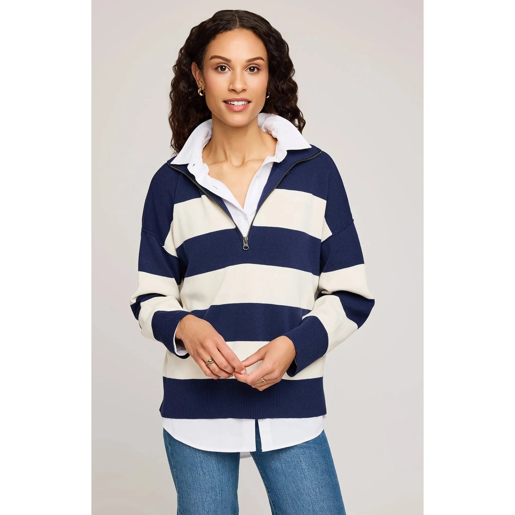 Gentle Fawn Idris Striped Sweater on model: navy and white oversized striped pullover with collar.