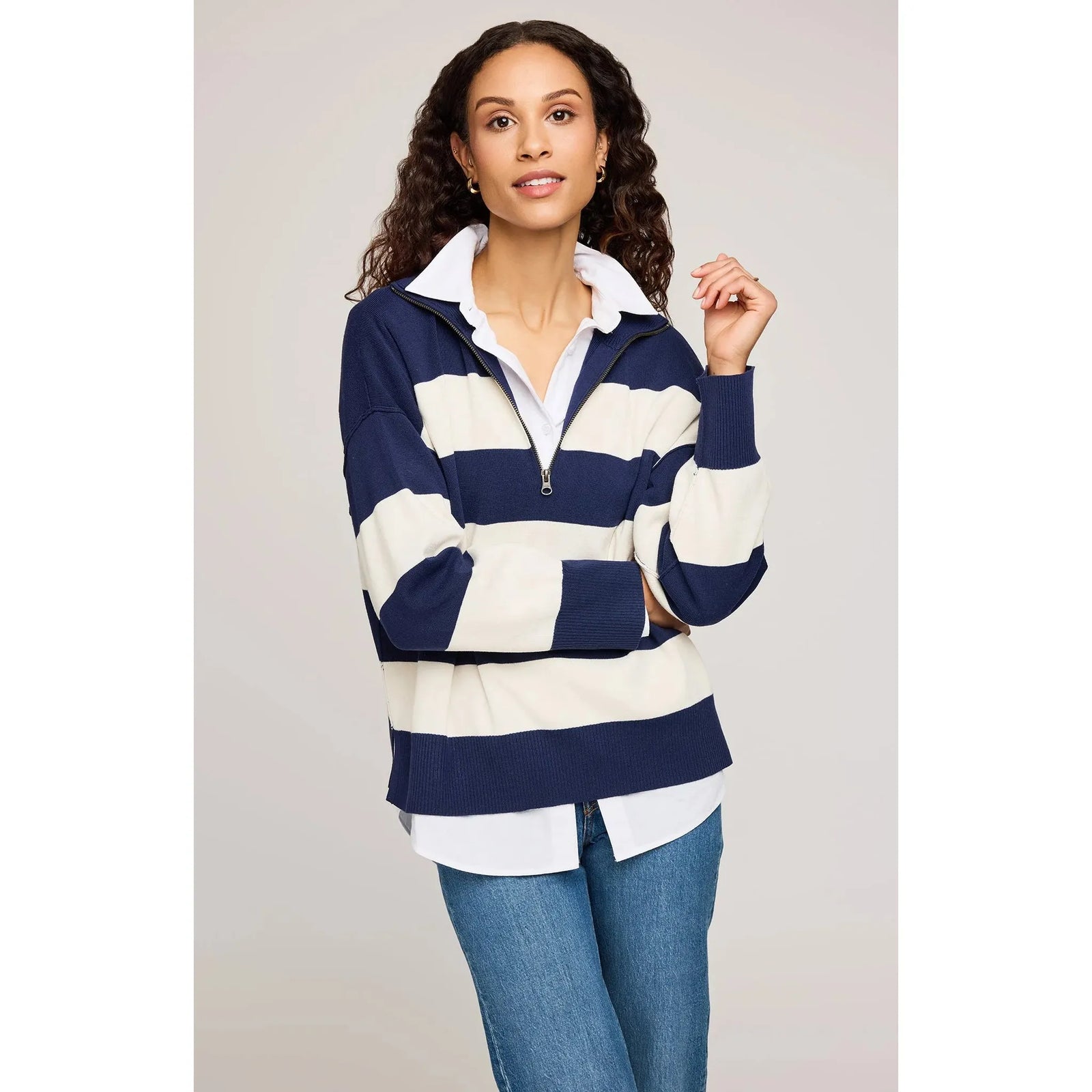 Gentle Fawn Idris Striped Sweater on model: navy and white oversized striped pullover with collar.