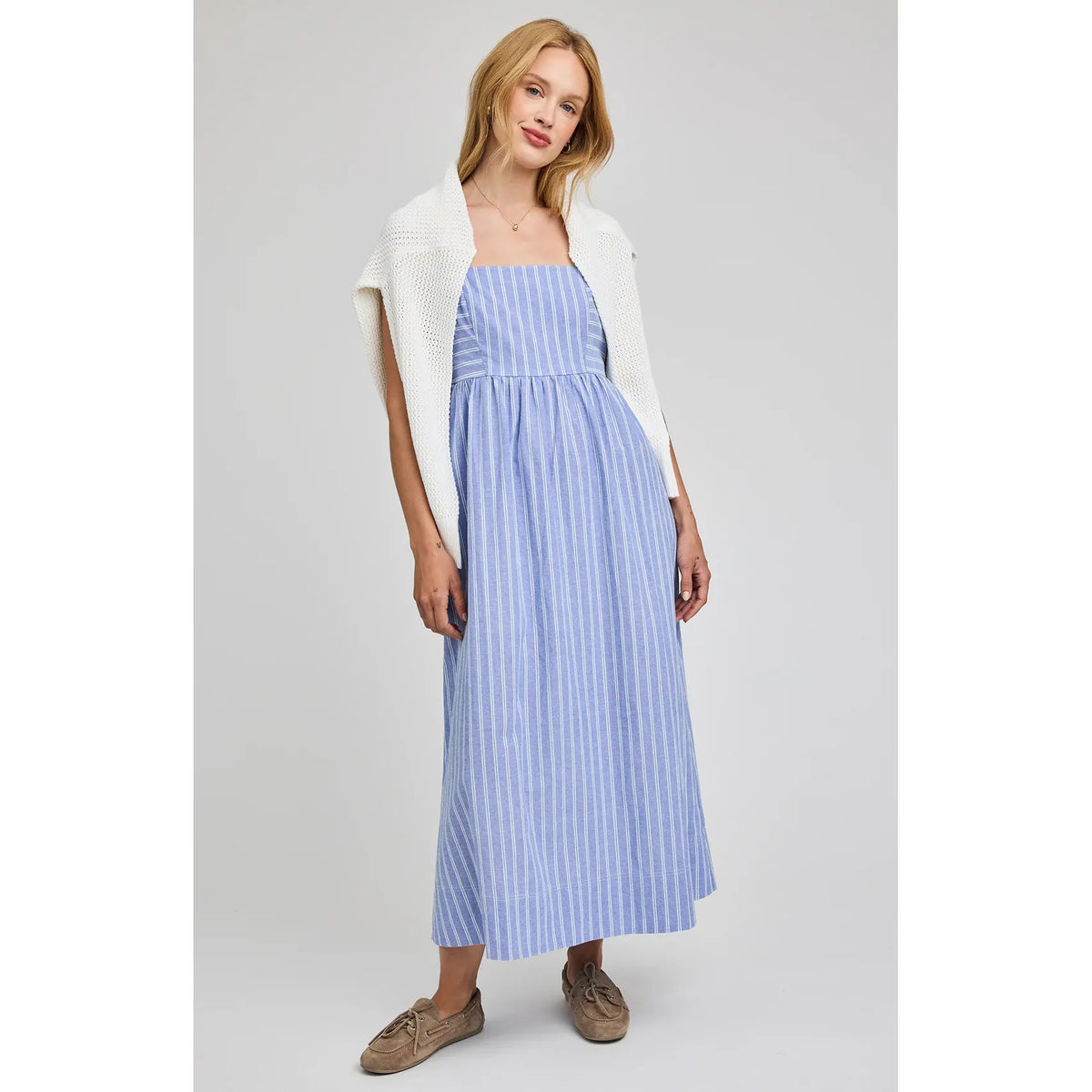 Gentle Fawn Alicia Dress in blue-and-white striped cotton poplin with adjustable straps and back tie.