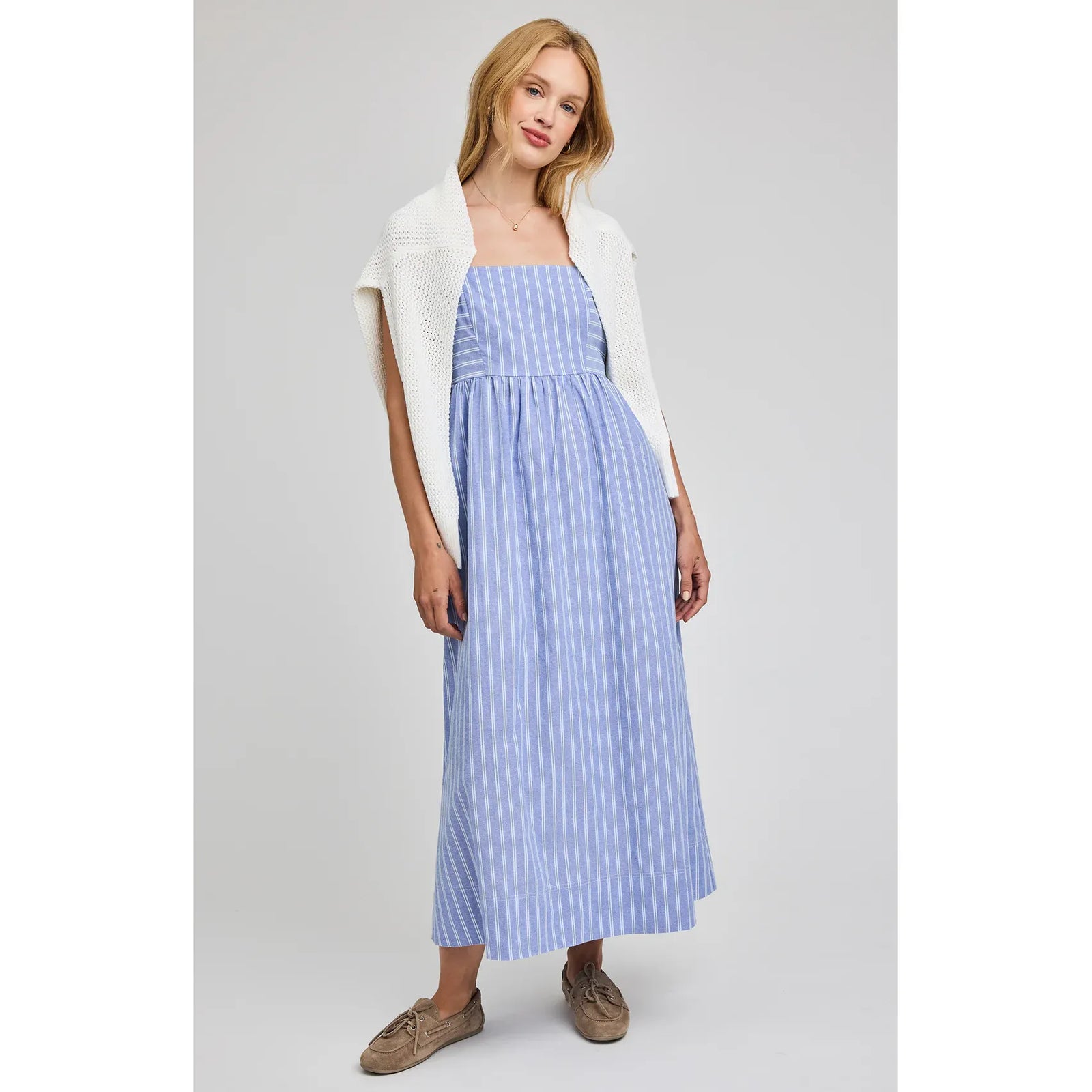 Gentle Fawn Alicia Dress in blue-and-white striped cotton poplin with adjustable straps and back tie.