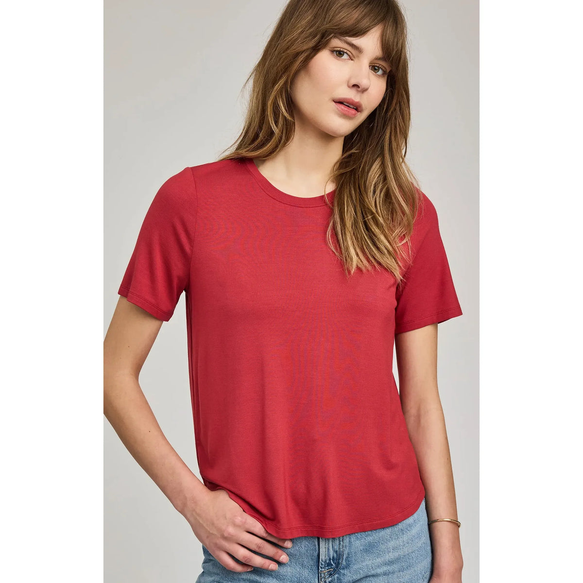 Gentle Fawn Brielle TShirt in red EcoVero rayon jersey, crew neck, relaxed fit; 95% rayon, 5% spandex, model size small.