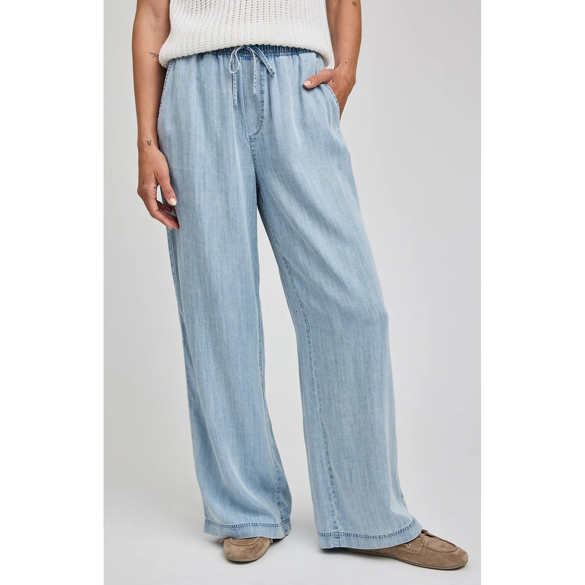 Gentle Fawn Camille Pant in light blue Tencel, wide-leg with drawstring waist and pockets.
