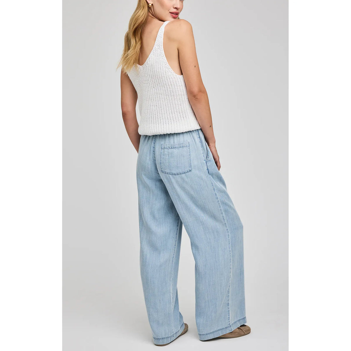 Gentle Fawn Camille Pant in light blue Tencel, wide-leg, mid-rise with elastic drawcord and pockets.