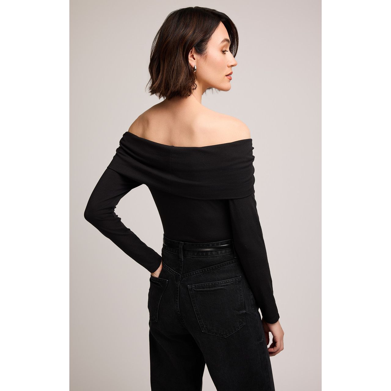 Gentle Fawn Charlize Top in black with off-the-shoulder neckline, long sleeves, cotton-modal for date-night elegance.