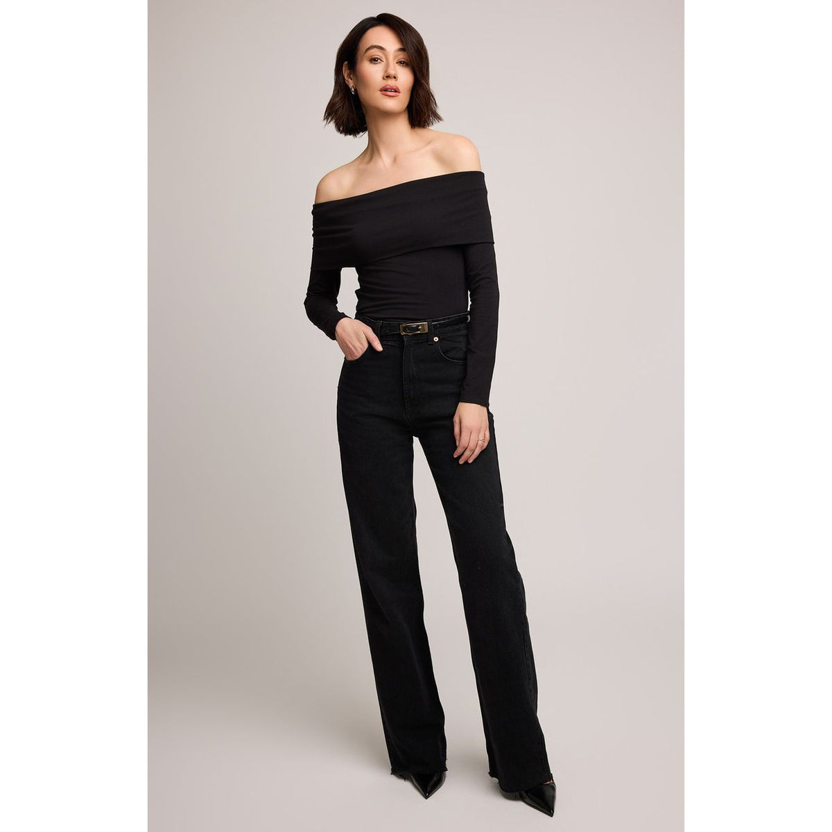 Gentle Fawn Charlize Top: off-the-shoulder long-sleeve black cotton-modal knit, sleek date-night essential.
