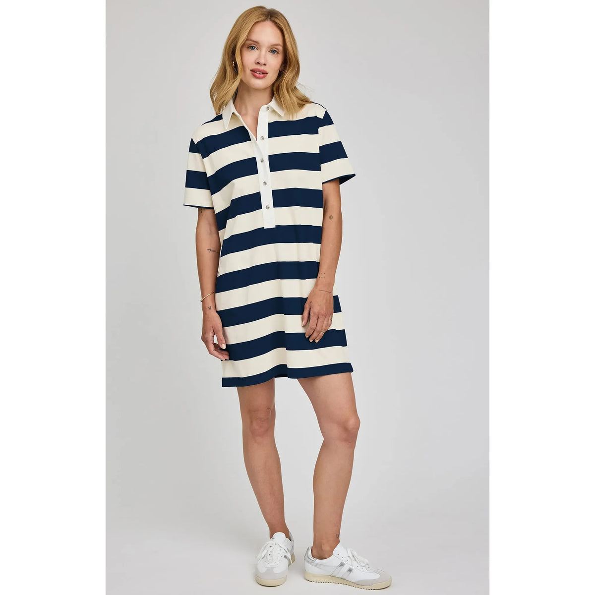Gentle Fawn Colbie dress in navy and cream rugby stripes with contrast collar and button placket.