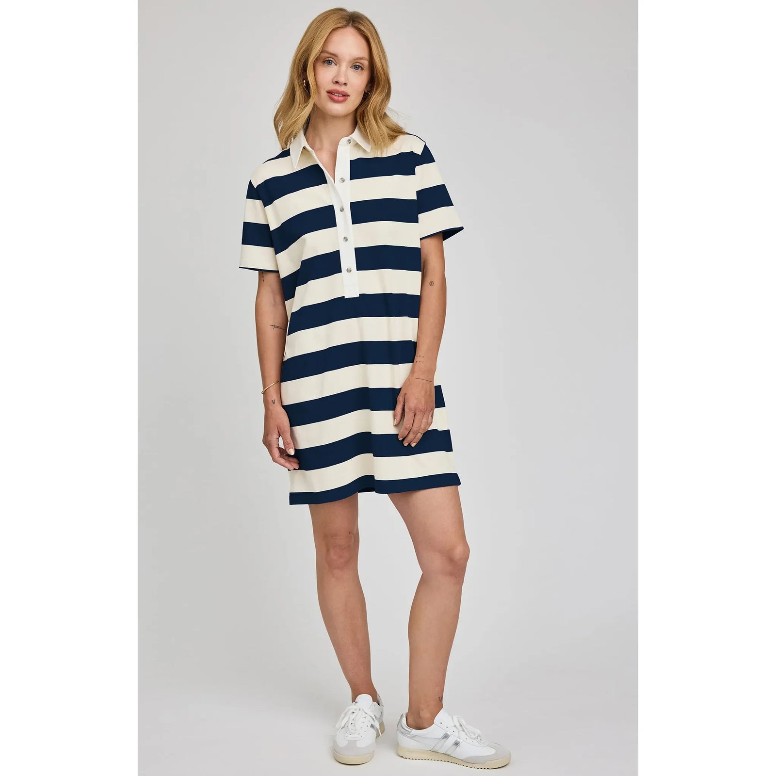 Gentle Fawn Colbie dress in navy and cream rugby stripes with contrast collar and button placket.