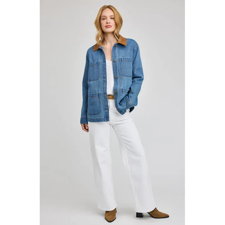 Gentle Fawn Flynn heavyweight denim jacket with brown corduroy collar and patch pockets.