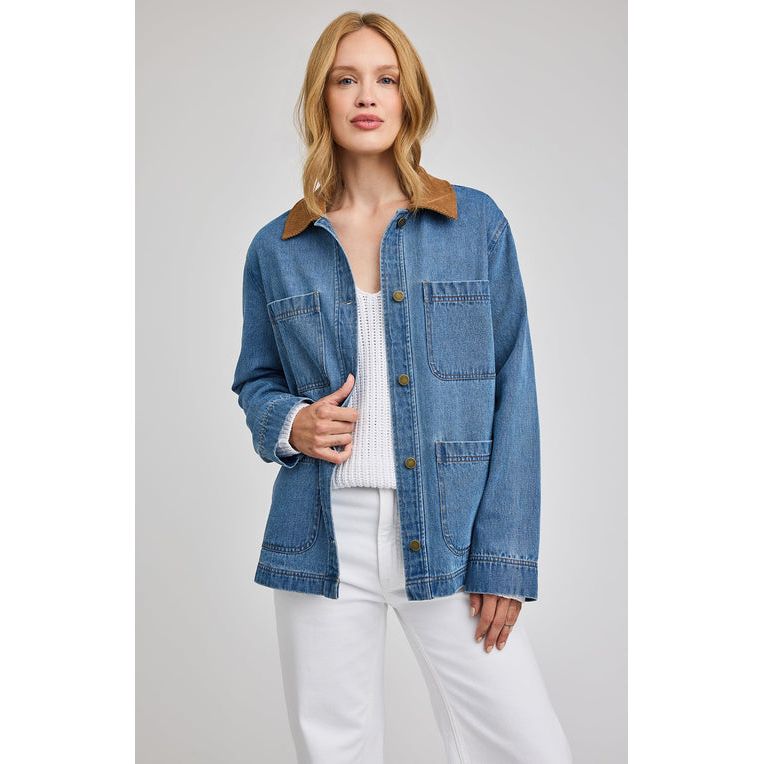 Gentle Fawn Flynn heavyweight denim jacket with brown corduroy collar and patch pockets.