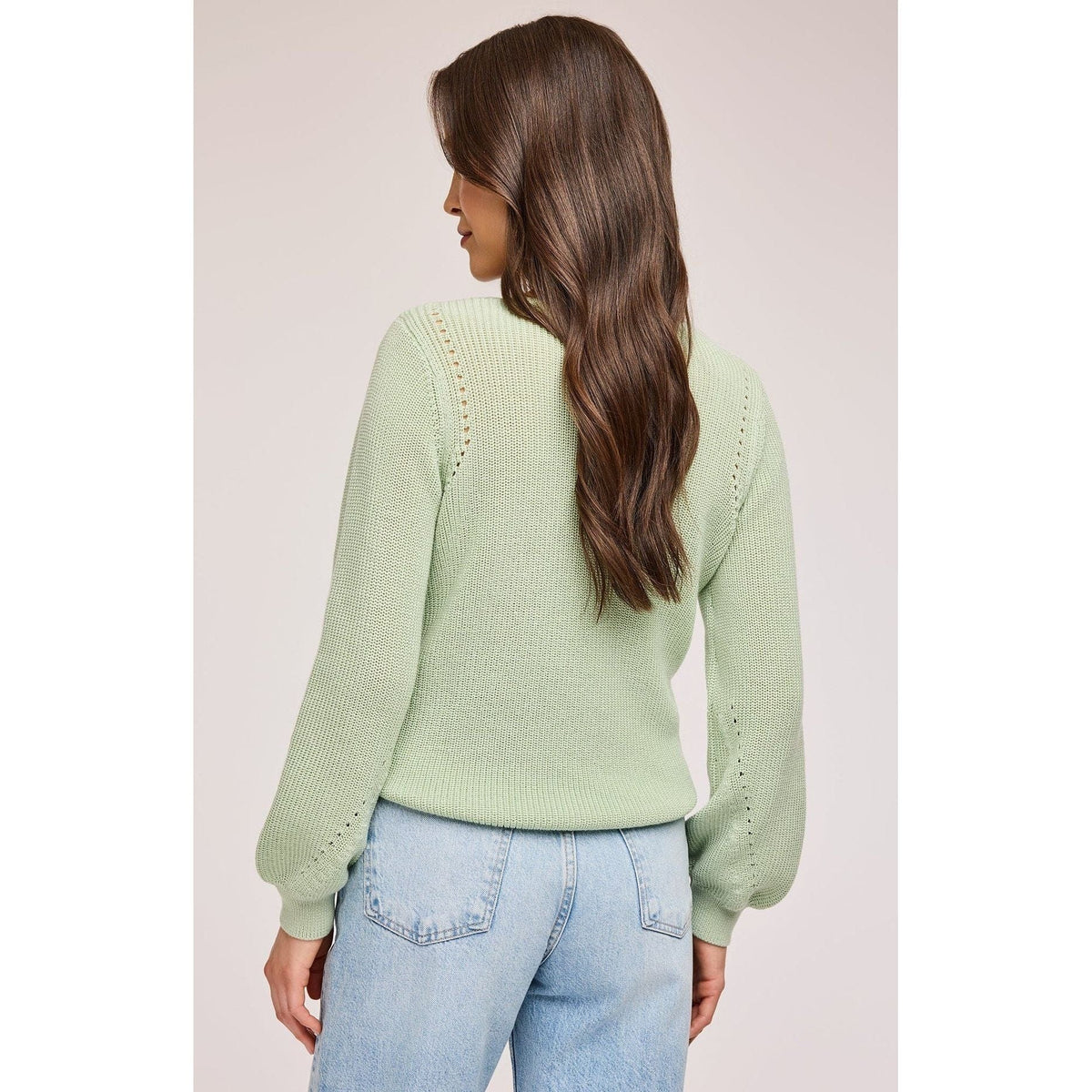 Gentle Fawn Hailey Pullover Sweater in sage green, back view with voluminous balloon sleeves and pointelle detailing.