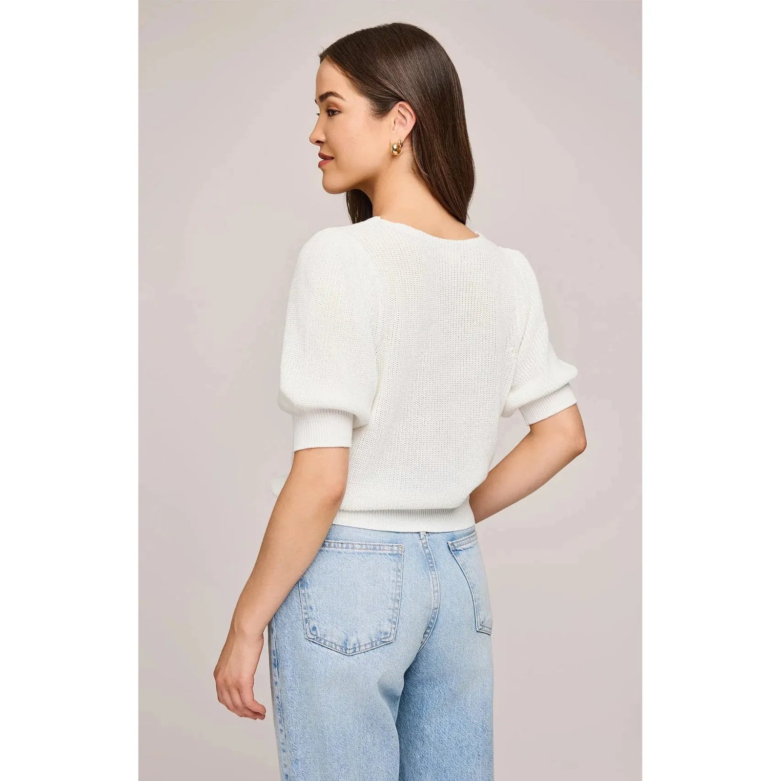 Gentle Fawn Phoebe V-Neck Sweater: soft knit, puff sleeves, back view in white by Gentle Fawn.