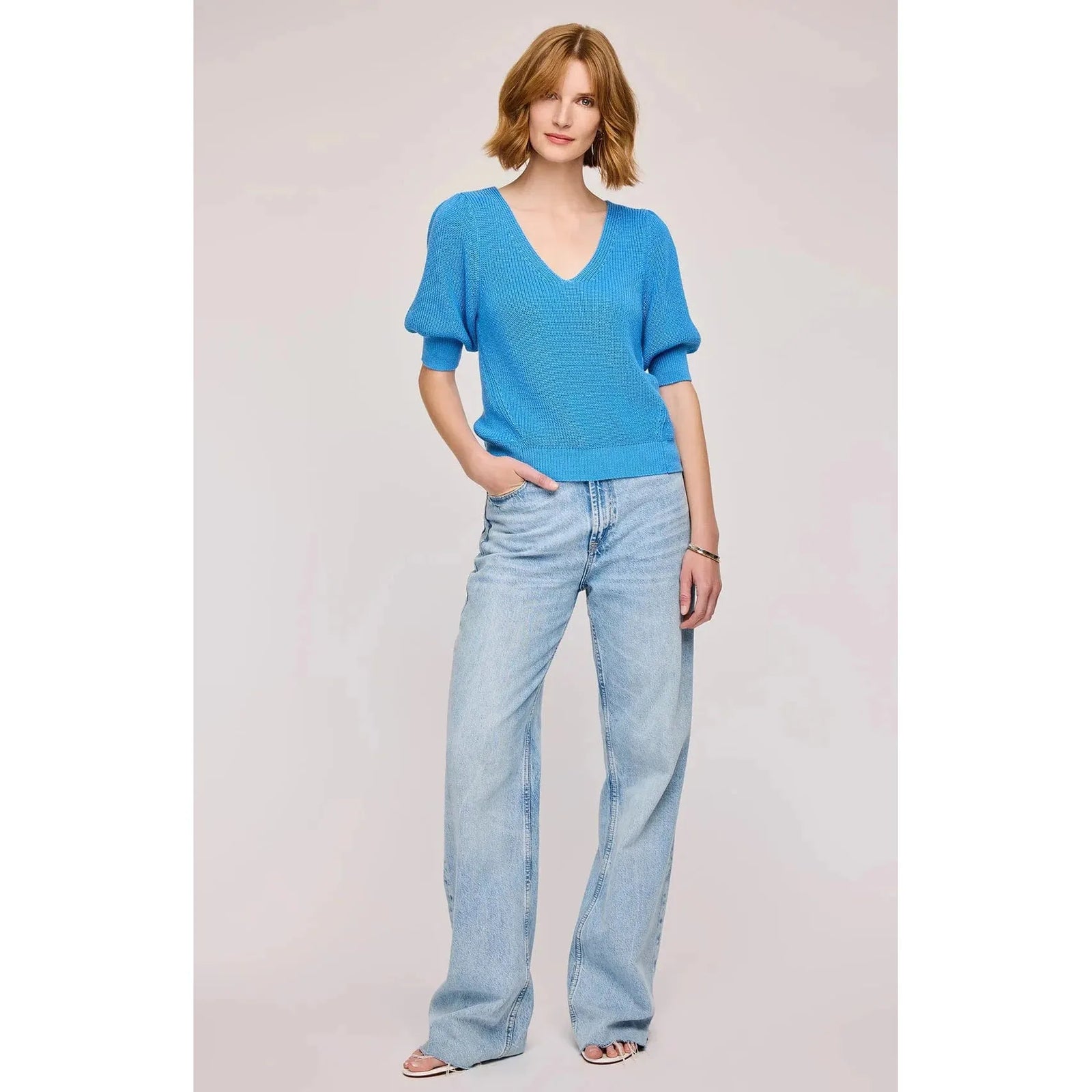 Gentle Fawn Phoebe V-Neck Sweater showcased with light denim, a relaxed chic look.