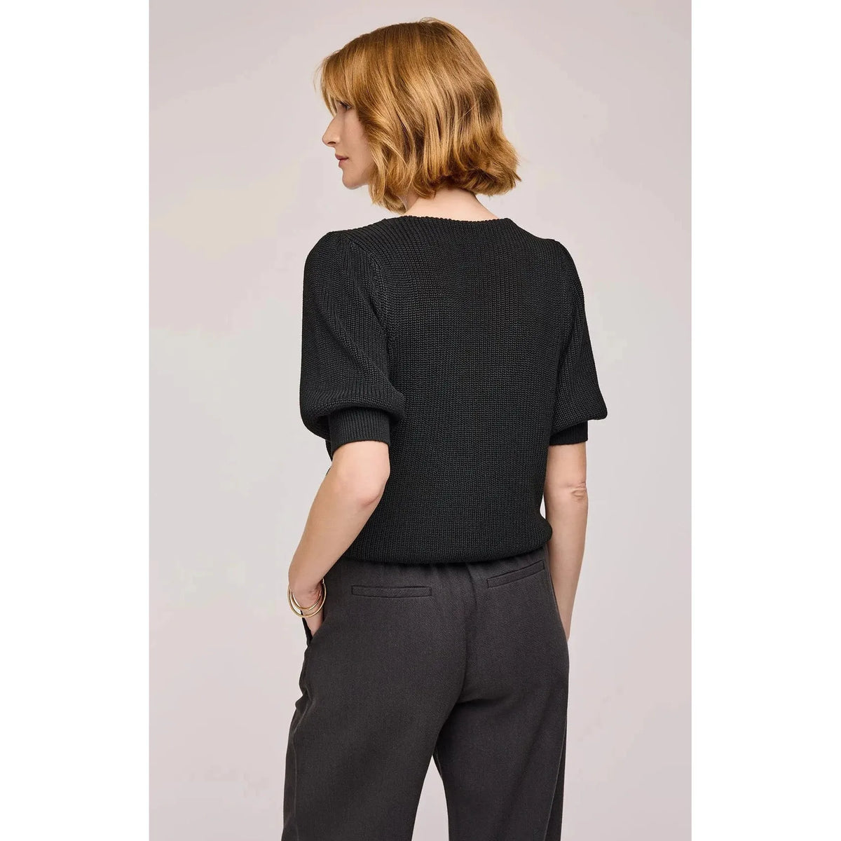 Gentle Fawn Phoebe V-Neck Sweater by Gentle Fawn, soft knit with puff sleeves, back view.