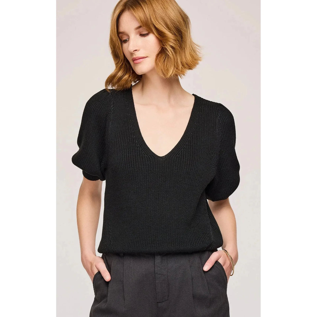 Gentle Fawn Phoebe V-Neck Sweater by Gentle Fawn in black knit with puff sleeves.